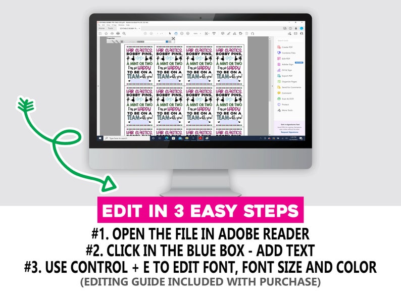 May include: A computer screen displaying a digital file with a pink background and text that reads "Hair Elastics Bobby Pins, A Mint or Two To Be On A Team". The screen is showing instructions on how to edit the file in Adobe Reader.