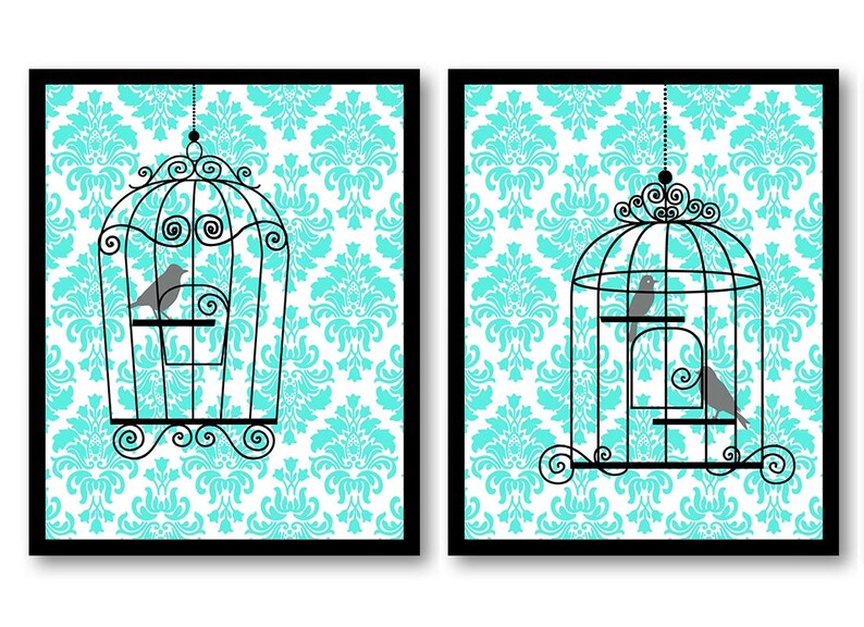Grey Blue Turquoise Bird Cage Birdcage Set Of 2 Art Printable