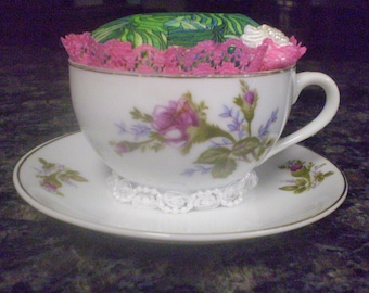 Pink Floral Coffee Cup Pincushion