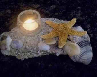 and School Decorations Tea Light Holders Inc. Puzzled Handcrafted Candle Holder with Two White Starfish Hanging on a Rope Office Handcrafted and Handpainted Excellent Decoration for Home 