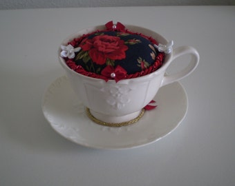 White French Coffee Cup Pincushion