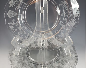 Set 6 Cambridge Etched Glass "Rose Point" Etch #3400 7" Lunch Salad Plates 1940s - USA