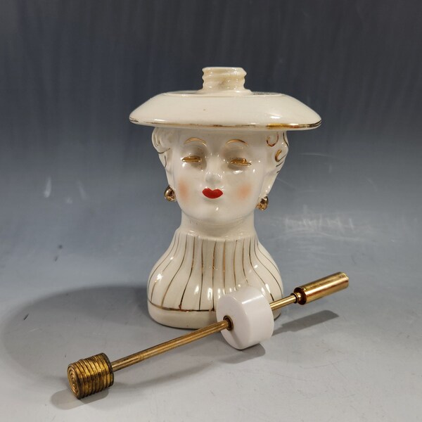 Irice Lady Head Perfume Bottle w Spray Atomizer (WORKS) 1950s Figural Bust Glamor Girl Hand Painted Eyelashes
