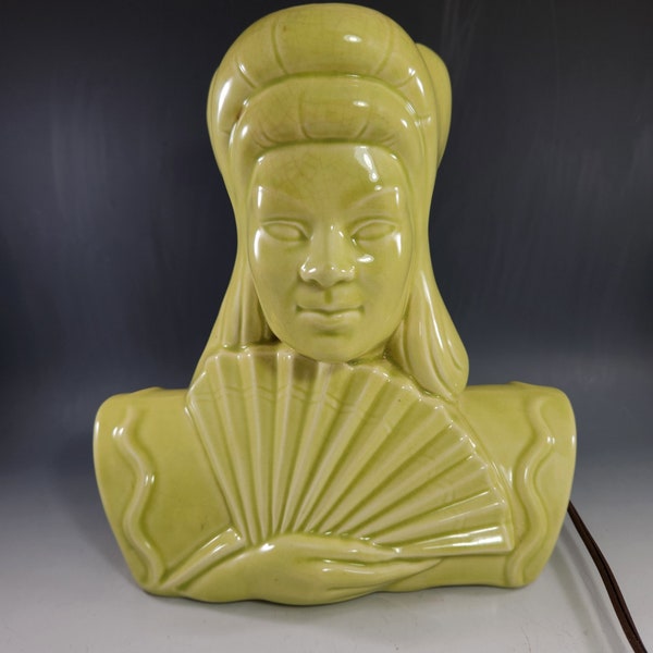 RARE Rite - Lite Mfg. Chinese Woman TV Lamp Asian Empress Chartreuse Green Pottery Head Vase Figure MCM Works!