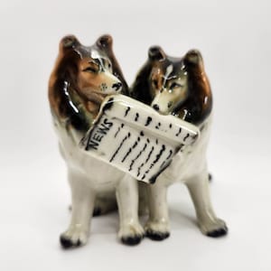 Two Collie Dogs w Newspaper Porcelain Figurine Hand Painted Original Label by Royal Japan image 1
