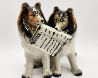 Two Collie Dogs w Newspaper Porcelain Figurine Hand Painted Original Label by Royal - Japan