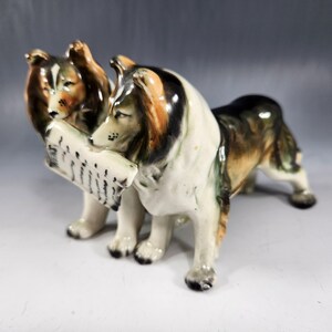 Two Collie Dogs w Newspaper Porcelain Figurine Hand Painted Original Label by Royal Japan image 2