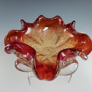 Murano Mundgeblasen Glas Rollrand Schüssel Amberina Rot Argento Bullicante Controlled Bubble Silber Fleck Aventurine - Italien