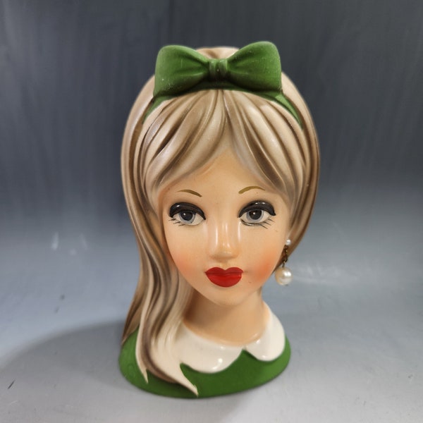 Napcoware C8493 Head Vase Teenage Girl Blonde w Green Bow 1960s Lady Succulent Planter Faux Pearl Earring - Japan