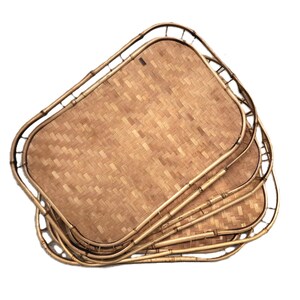 May include: A set of three rectangular serving trays crafted from light brown woven bamboo. Each tray features a sturdy bamboo frame with a rounded corner design and a flat, intricate basket-weave base, stacked neatly to display the natural texture.