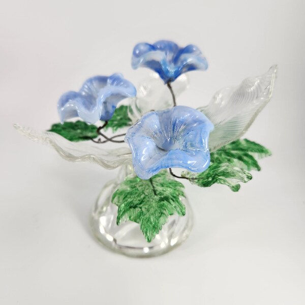 Glass Floral Bouquet Blue Morning Glories Vintage Free Form Wired Flower Arrangement in Clear Base OOAK