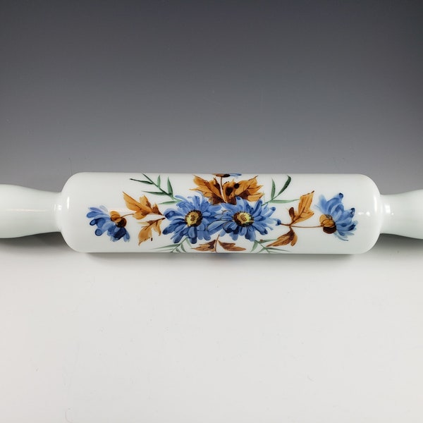 Milk / White Glass Hollow Rolling Pin w Hand Painted Blue Aster Daisy Flowers Water Fill