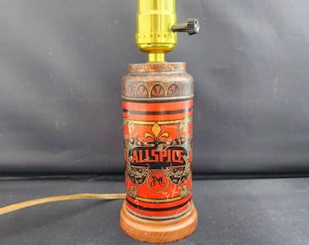 Hoosier Cabinet Canister / Lamp Conversion - Antique Allspice Boone Spice Tin - Tabletop Plug In Chinese Red OOAK WORKS