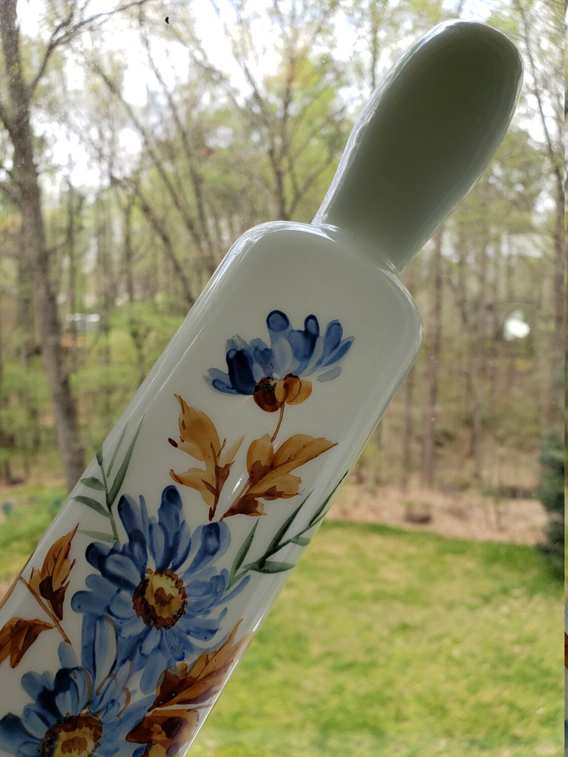 Milk Glass Rolling Pin w Hand Painted Blue Aster Daisy Etsy