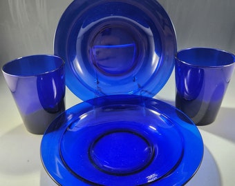 Cobalt Blue Glass Rimmed Soup Pasta Cereal Bowls & Libbey Oversized Tumbler Rocks Saphir Arcoroc 4 Pc. - USA