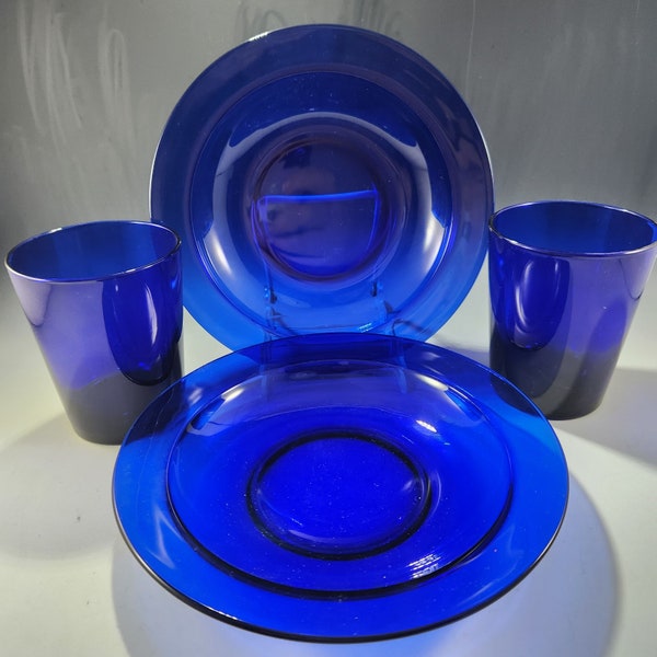 Cobalt Blue Glass Rimmed Soup Pasta Cereal Bowls & Libbey Oversized Tumbler Rocks Saphir Arcoroc 4 Pc. - USA