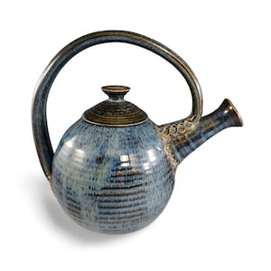 Vintage Studio Art Pottery Ball Teapot - Asian Style - OOAK Artist Made Blue Drip Glaze Signed