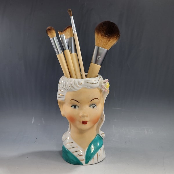 Enesco Glamour Girl Head Vase in Turquoise Kitschy Teenage Girl Lady Planter Vanity Make up Brush or Desk Pen Holder Headvase - Japan