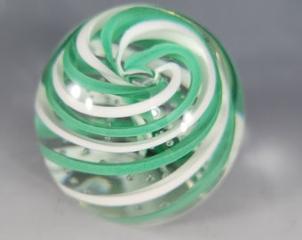 Spiral Paperweight w Bubbles by John Gentile Glass Studio Oval Green & White Swirl Twist - West Virginia USA