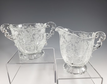 1940s Rose Point Creamer & Open Sugar by Cambridge Glass Etched Rose Point Pattern - USA