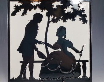 LARGE SIZE 8.5" Franklin Tile Co. Colonial Silhouettes by American Olean The Proposal Courting Couple 1950s Trivet Wall Decor – USA