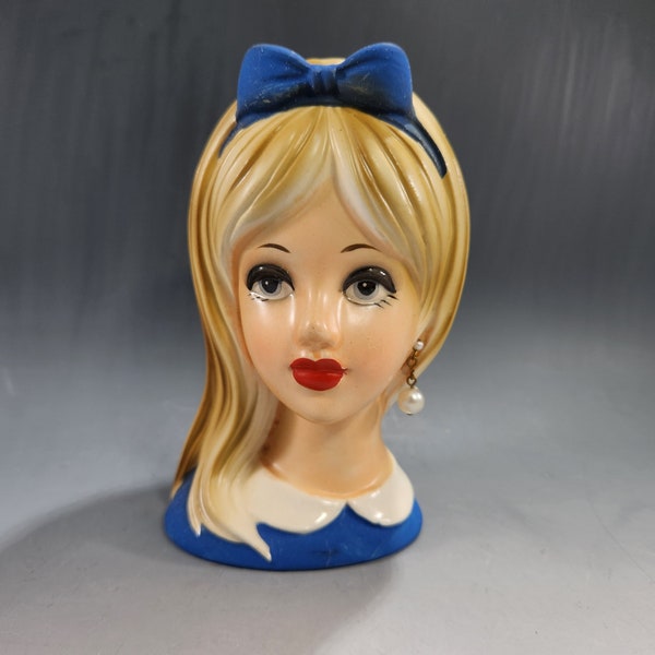 Napcoware C8493 Head Vase Teenage Girl Blonde w Blue Bow 1960s Lady Planter Faux Pearl Earring - Japan