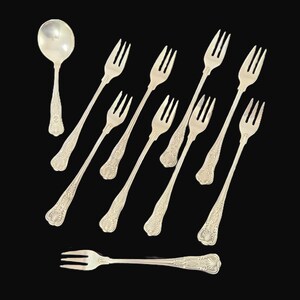 Antique US Navy Kings Pattern Cocktail Forks & Soup Spoon 10 Pc Set Silver Plate Flatware Fouled Anchor