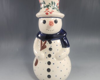 Polish Pottery Snowman Candleholder Candle Stick Figurine Winter Display Decor Bolislawiec - Poland