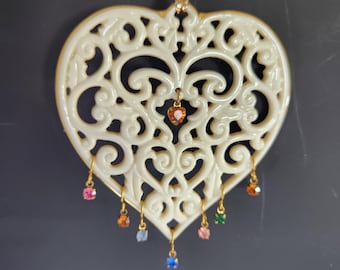 Lenox Mothers Heart Pierced Jeweled Christmas Ornament Gold Trim w 8 Hanging Crystals Rhinestones + Gift Box