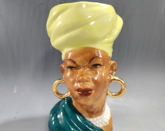 African Woman in Turban Head Vase Ethnic Costume in Green Lady Planter w Gold Earrings   Vintage