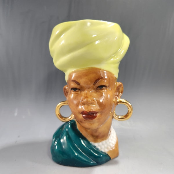 African Woman in Turban Head Vase Ethnic Costume in Green Lady Planter w Gold Earrings   Vintage