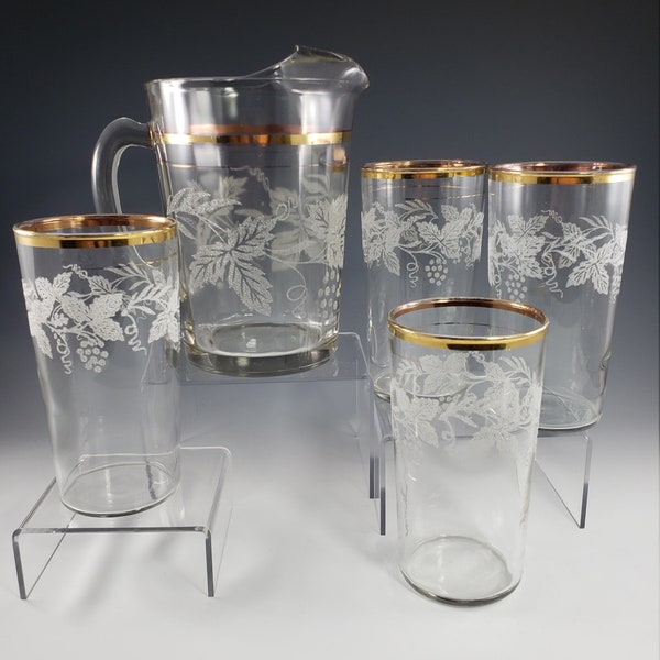 1940s Bartlett Collins "Golden Grapes" Pitcher Set w 4 Tumbler Glasses MCM Frosted Etched Gold Trim – USA
