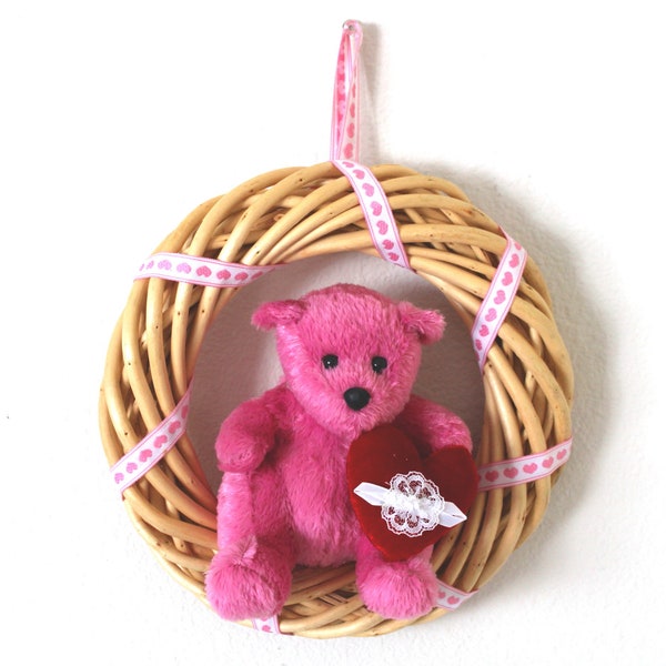 Pink Teddy Bear with Heart 9 inch willow Wreath Baby Girl Love Wedding Valentine's Mother's Day Anniversary oso osito nounours Teddybär