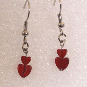 Tiny Glass Stacked Hearts dangle earrings-Red Hots-Wedding-Valentine&#39;s Day-Mother&#39;s Day-flower girl-love-sweetheart
