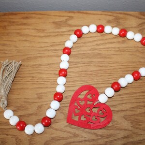 35 inch Wooden Bead Table Garland with Filigree HEART and Jute Tassel-boho Valentine&#39;s Day Farmhouse country beaded