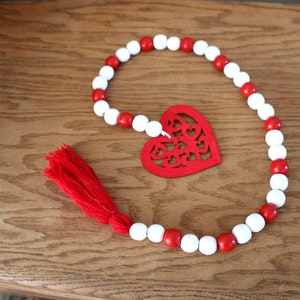 36 inch Wooden Bead Table Garland with Filigree HEART and Red Yarn Tassel-boho Valentine&#39;s Day Farmhouse country beaded