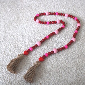 Extra Long Hand Painted Wooden Bead Table Garland with HEARTS and Jute Twine Tassels 47 inches-boho-Farmhouse-country-beaded