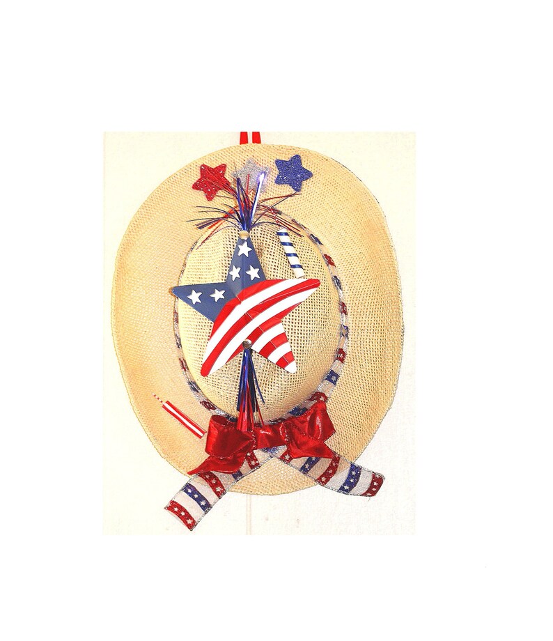 Patriotic Western Cowboy Hat Door Hanger Wreath 4th of July Fourth Independence Day Americana vaquero