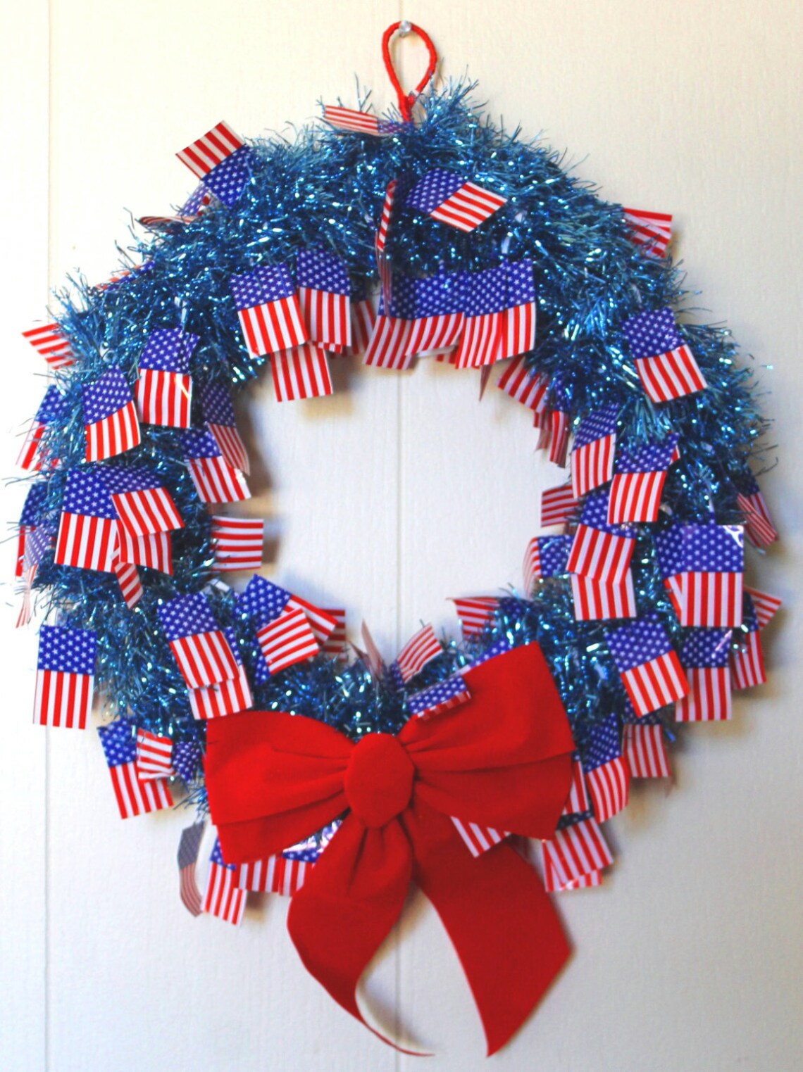 Patriotic 13 Inch Blue Tinsel and American Flag Wreathfront Etsy