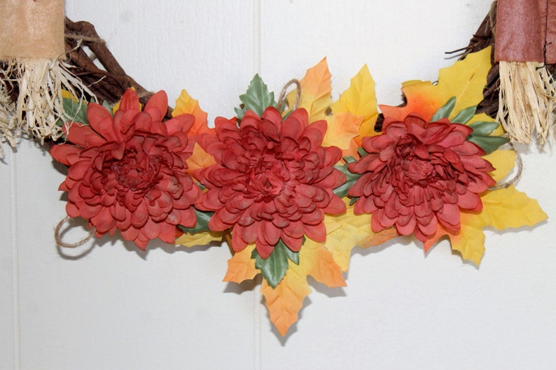 Scarecrow Couple With Chrysanthemums 16 inch diameter grapevine wreath Autumn Harvest Fall Thanksgiving corn