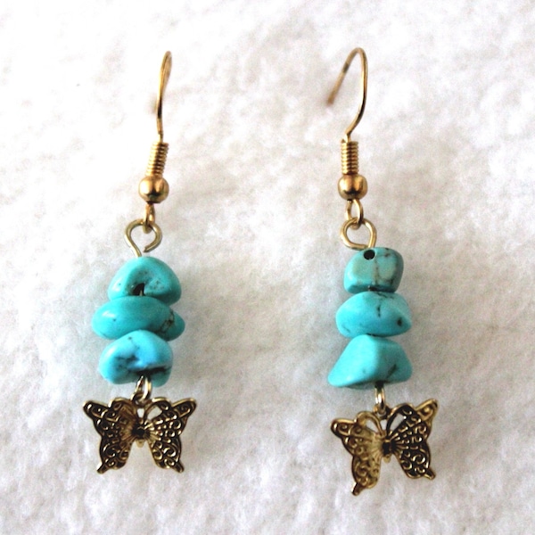 Tiny Gold-Plated Filigree Butterflies with Turquoise-dyed Magnesite dangle earrings-butterfly-butter fly-moth-flying insect jewelry