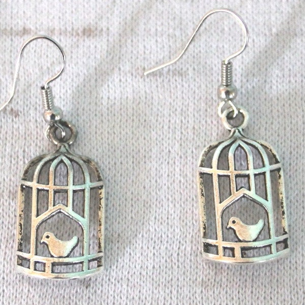 Victorian Birdcage with Birdie dangle earrings bird cage perch aviary canary feathered creature