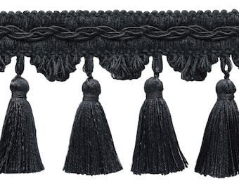 3 1/2" (8.5cm) Elegant Scalloped Tassel Fringe Trim # VTF035, Charcoal Black #VNT30 (Jet Black) Sold By The Yard (36"/3 ft/0.9m)