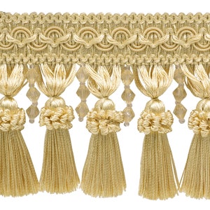 4" (10cm) Beaded Tassel Fringe with Gimp Header | Fringe Trim # BTFCT4 #14 (White Gold, Light Gold, Golden Beige) 27 Yards (82 ft/25m)