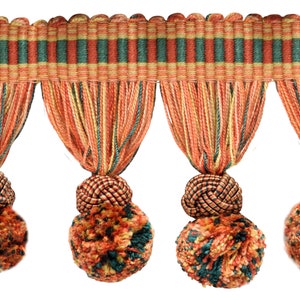3" long (7.5cm) Pompom Tassel Fringe Trim,Woven Gimp header (PPFRW) VL02, Red Orange,Light Orange,Forest Green,Sold By The Yard,36"/3ft/0.9m