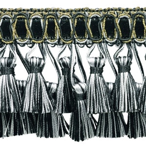 3&quot;  Elaborate Two Tier Tassel Fringe Trim # TFH3D, Silver Grey, Black #SGB (Pure Black, Light Grey, Grey Silver) 5 Yards (15 ft/4.5m)