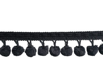 Flecos de pompones de algodón de 5 cm (2") de largo / Adorno de flecos (PPS0200), Negro puro #K9 (Negro azabache) Se vende cortado a medida (91 cm/3 pies/0,9 m)