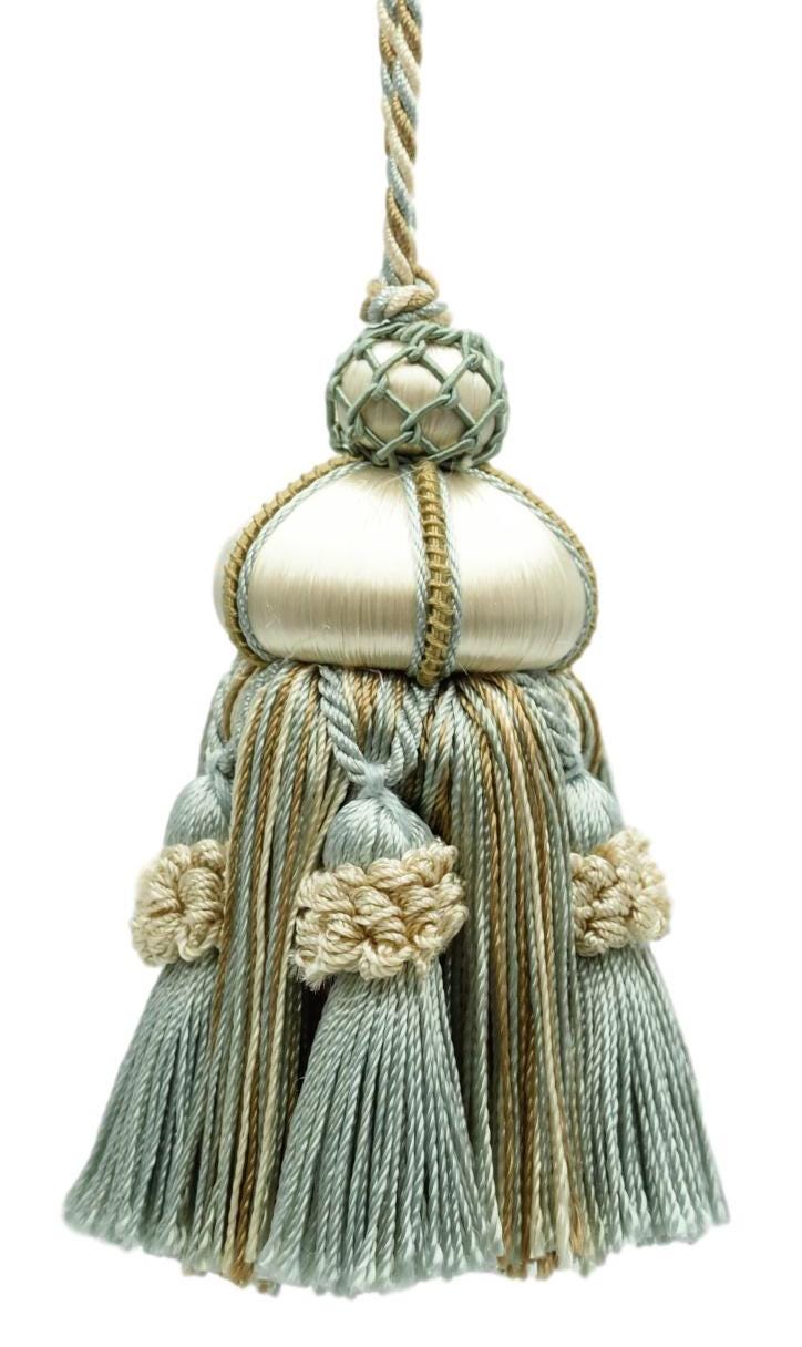 4" (10cm) Key Tassel, 3 1/2" (8.5cm) Loop, accented with Crown Tassels #LX03 (Light Blue, Light Beige, White Ivory) Sold Individually