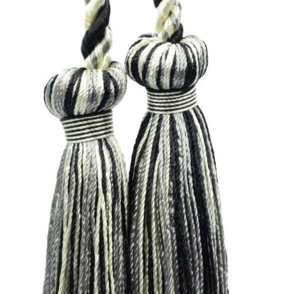 Double Curtain and Drapery Tieback / Holdback , 3" Tassel (7.5cm), 27" Spread (68.5cm), Silver Grey Black #PR23 Sold Individually