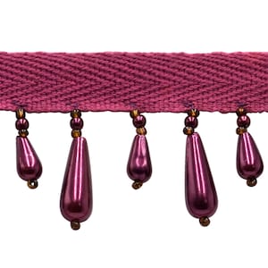 1&quot; (2.5cm) Handcrafted Pearl Drop Beaded Fringe Trim (B40004-AC), Red Wine Purple #J23 (Dark Red Purple), Sold By The Yard (36&quot;/3 ft/0.9m)